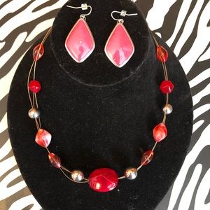 Pink, silver and red necklace and earrings